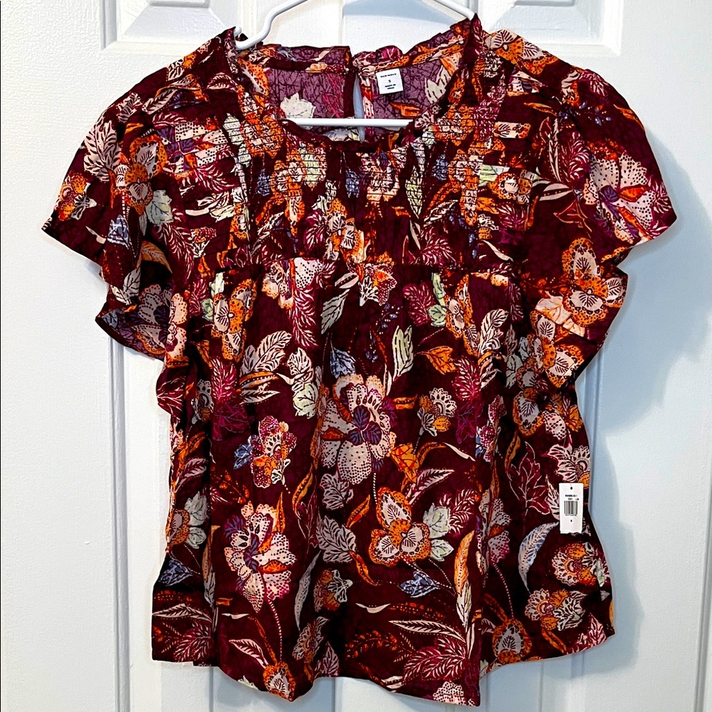 NWT Old Navy Floral Short Sleeve Top‎ Size S Purple Smocked Blouse